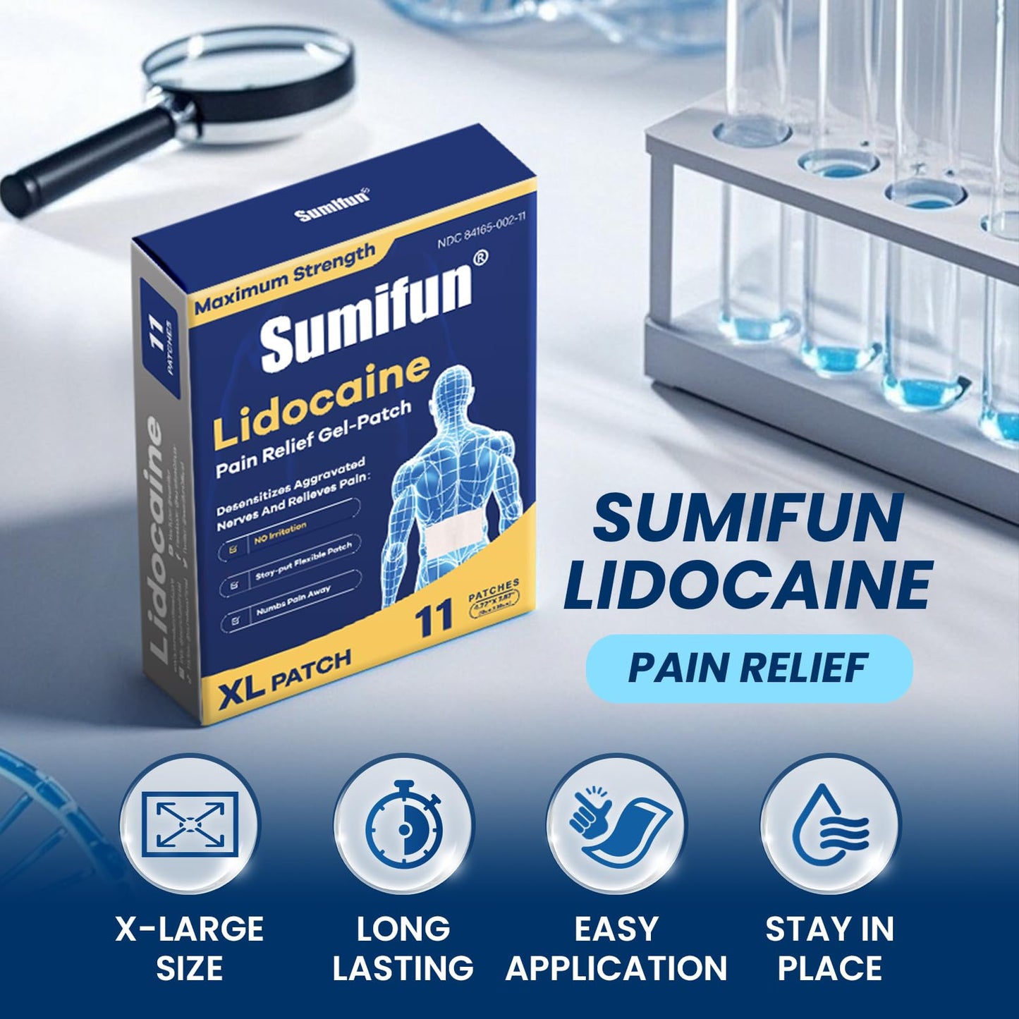 Sumifun 4% Lidocaine XL Pain Patches | Extra Large 4.72"x7.87" for Full Back & Thigh Coverage | Maximum Strength OTC Numbing | 8-Hour Medical Adhesion (X-Large, Count, 18) - Maple Wellness Supplements