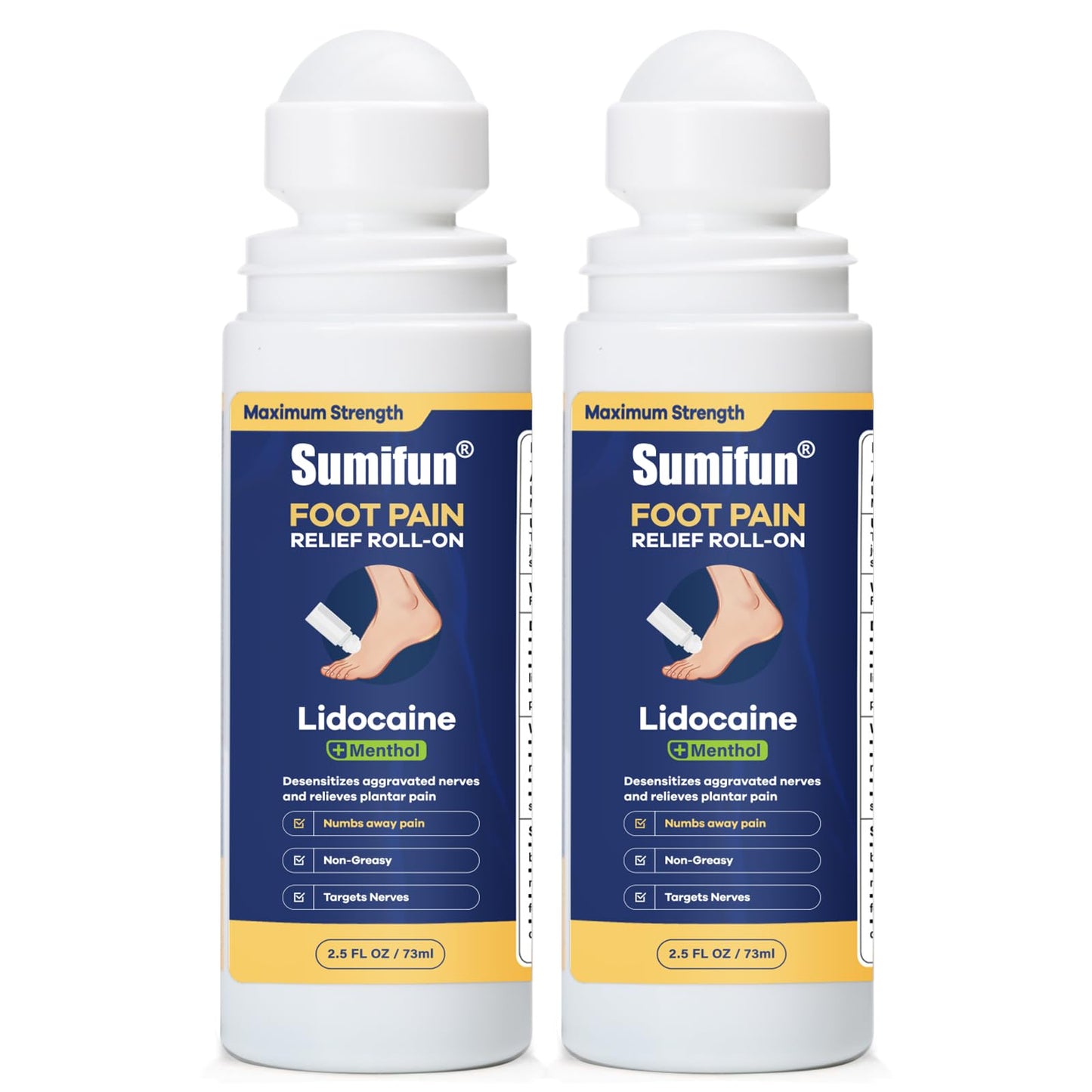 Sumifun Foot Pain Relief Lidocaine Roll-On - Maximum Strength OTC for Plantar Fasciitis & Heel Pain - Fast-Drying, Non-Greasy Formula, 2.5 Fl Oz * 2 - Maple Wellness Supplements