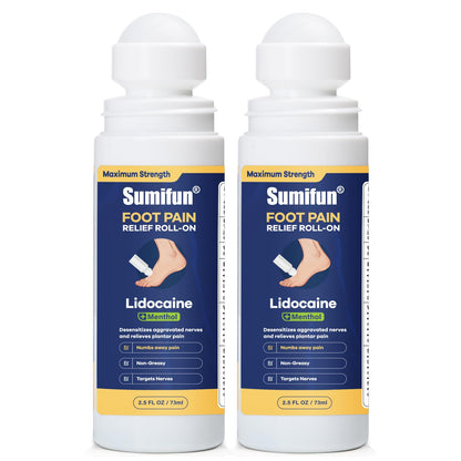 Sumifun Foot Pain Relief Lidocaine Roll-On - Maximum Strength OTC for Plantar Fasciitis & Heel Pain - Fast-Drying, Non-Greasy Formula, 2.5 Fl Oz * 2 - Maple Wellness Supplements