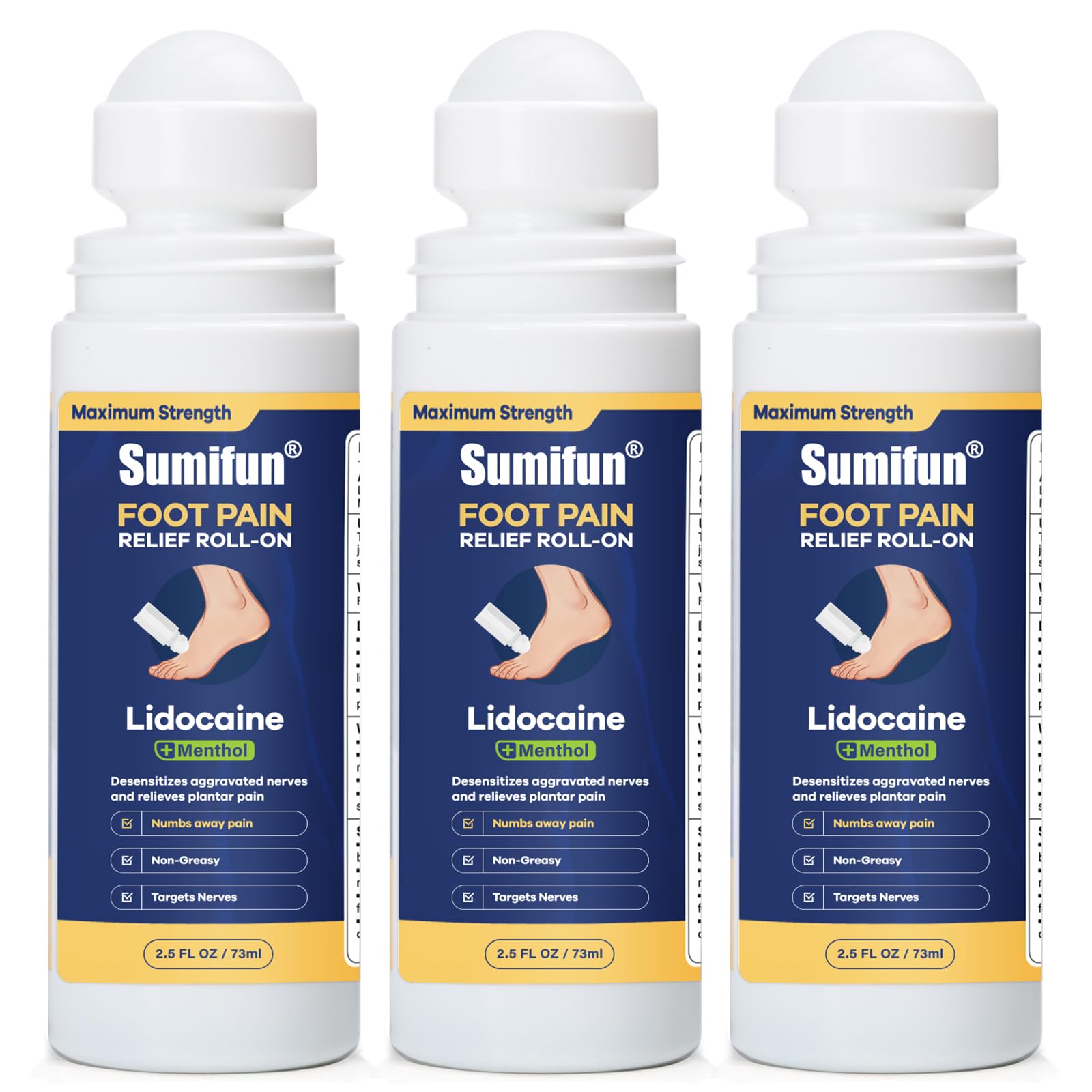 Sumifun Foot Pain Relief Lidocaine Roll-On - Maximum Strength OTC for Plantar Fasciitis & Heel Pain - Fast-Drying, Non-Greasy Formula, 2.5 Fl Oz * 3 - Maple Wellness Supplements