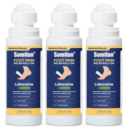 Sumifun Foot Pain Relief Lidocaine Roll-On - Maximum Strength OTC for Plantar Fasciitis & Heel Pain - Fast-Drying, Non-Greasy Formula, 2.5 Fl Oz * 3 - Maple Wellness Supplements