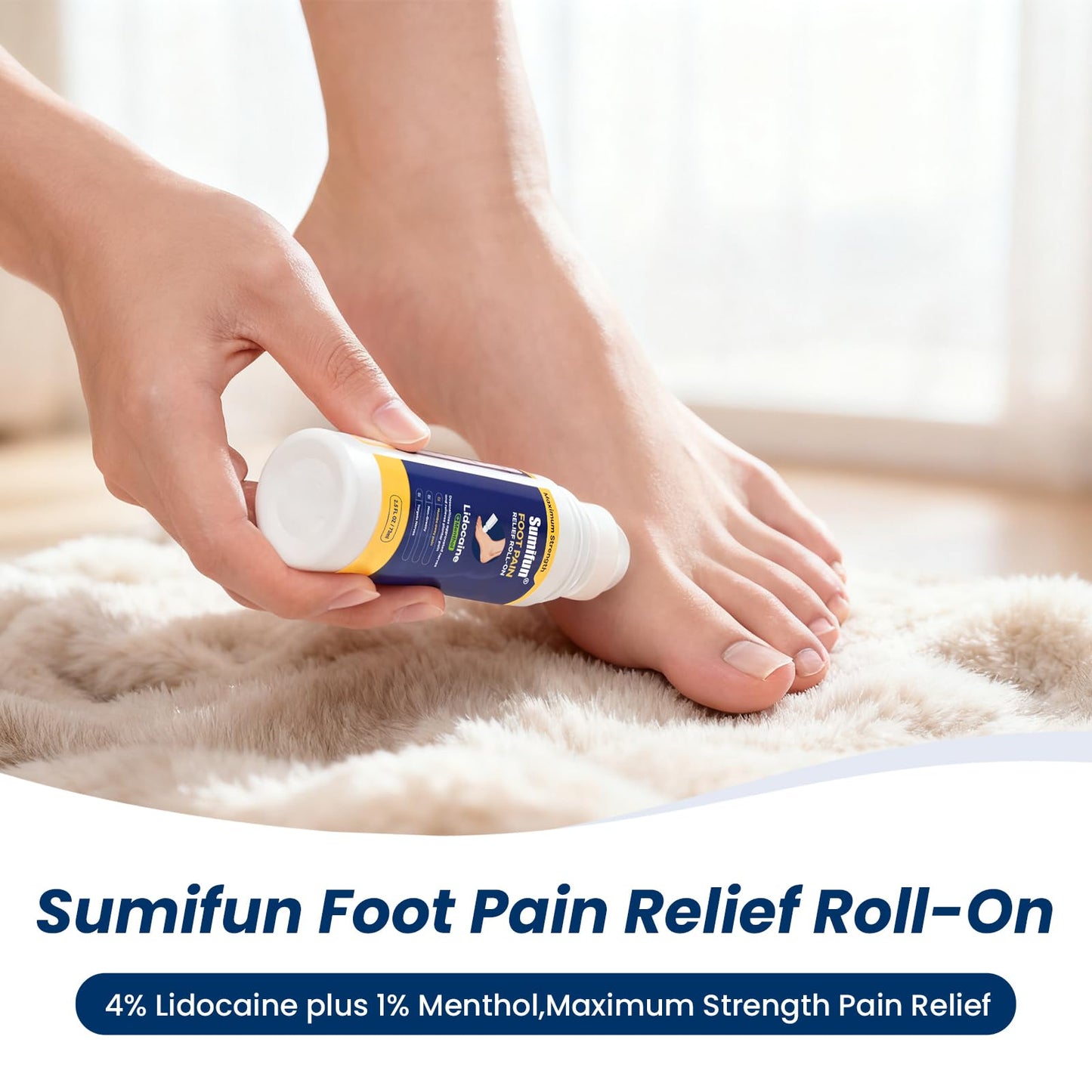 Sumifun Foot Pain Relief Lidocaine Roll-On - Maximum Strength OTC for Plantar Fasciitis & Heel Pain - Fast-Drying, Non-Greasy Formula, 2.5 Fl Oz - Maple Wellness Supplements