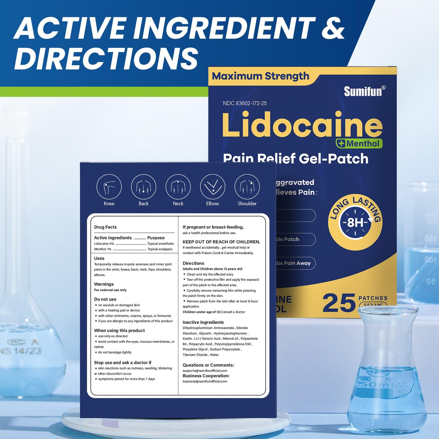 Sumifun Lidocaine Pain Relief Patches - Fast, Targeted Therapy Simple Backache, Soreness, Sprain, Joint Pain with Maximum Strength 4% Lidocaine and 1% Menthol (Large, Count, 25) - Maple Wellness Supplements