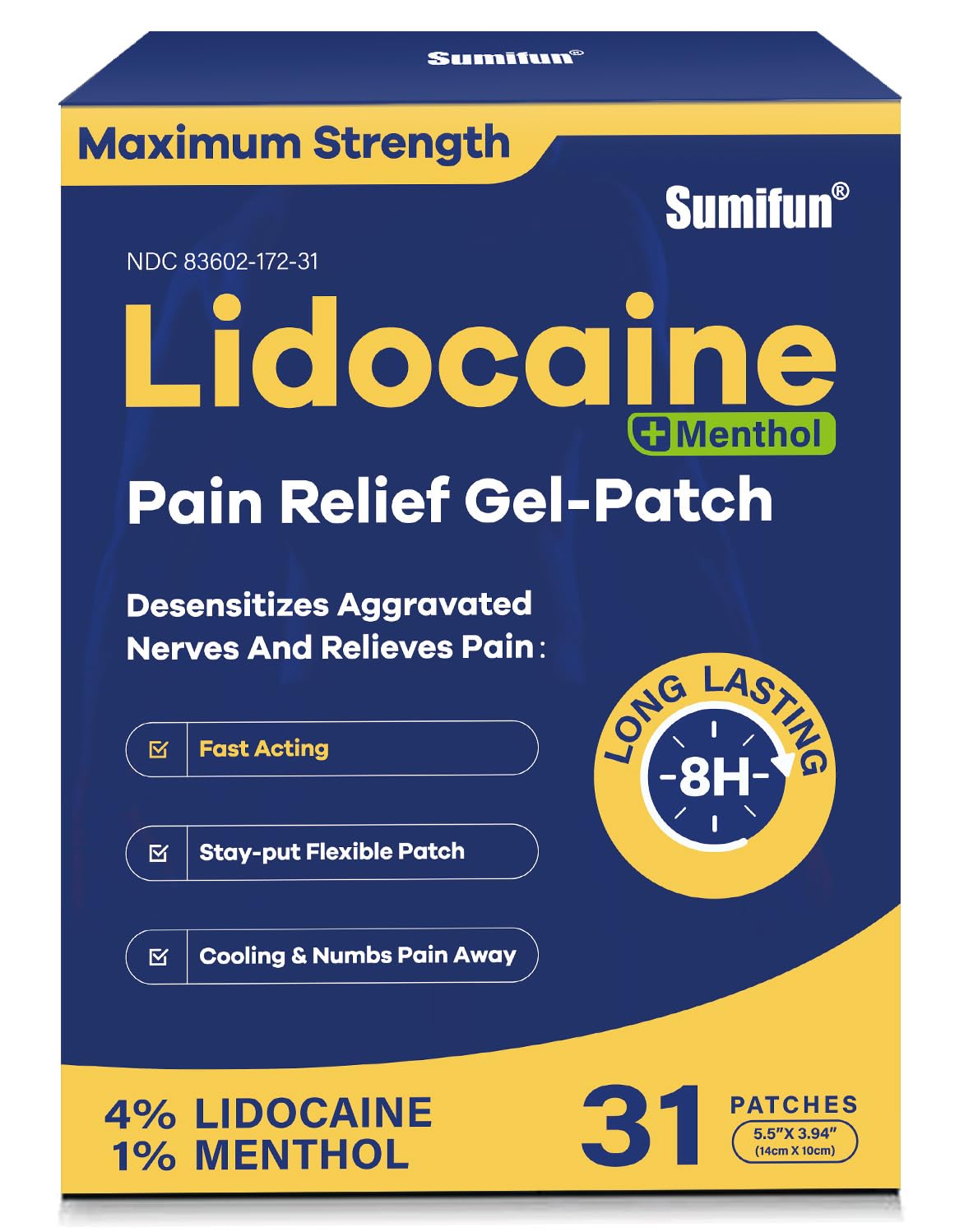 Sumifun Lidocaine Pain Relief Patches - Fast, Targeted Therapy Simple Backache, Soreness, Sprain, Joint Pain with Maximum Strength 4% Lidocaine and 1% Menthol (Large, Count, 31) NDC 83602-172-31 - Maple Wellness Supplements