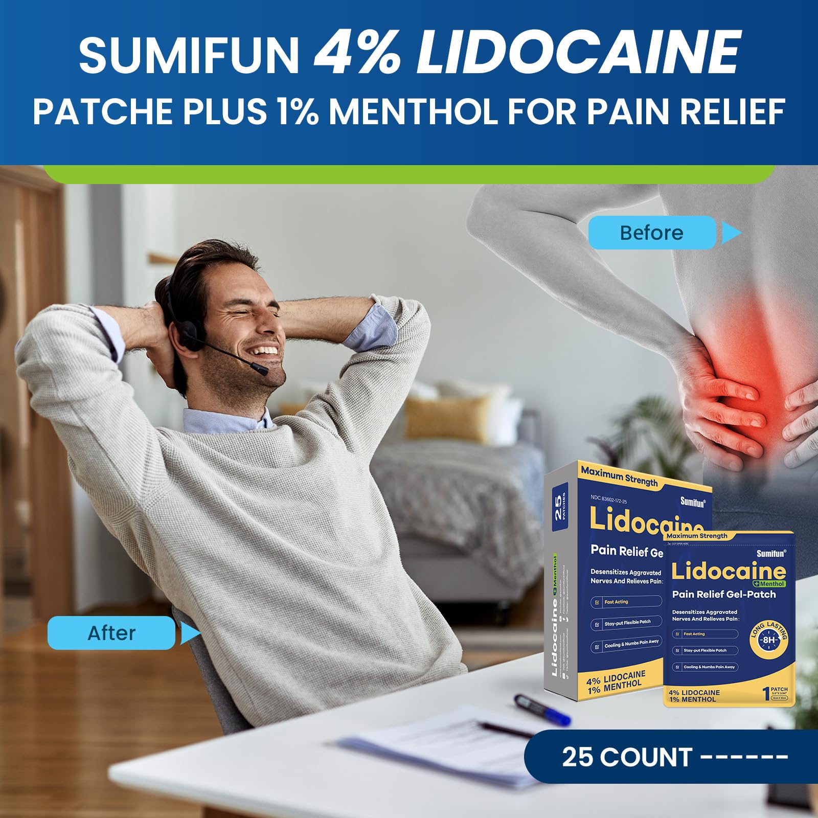 Sumifun Lidocaine Pain Relief Patches - Fast, Targeted Therapy Simple Backache, Soreness, Sprain, Joint Pain with Maximum Strength 4% Lidocaine and 1% Menthol (Large, Count, 25) - Maple Wellness Supplements