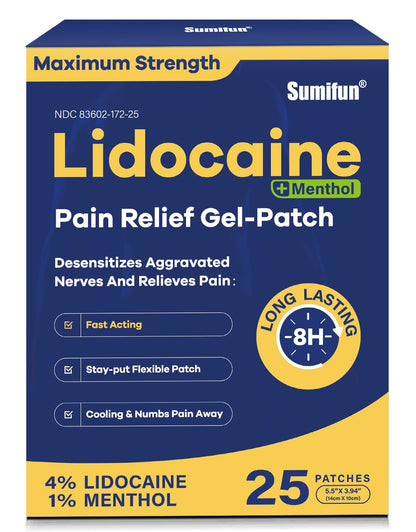 Sumifun Lidocaine Pain Relief Patches - Fast, Targeted Therapy Simple Backache, Soreness, Sprain, Joint Pain with Maximum Strength 4% Lidocaine and 1% Menthol (Large, Count, 25) - Maple Wellness Supplements