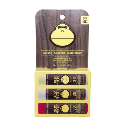 Sun Bum SPF 30 Sunscreen Lip Balm 3 Flavor Variety Pack - Coconut, Banana, Watermelon - Moisturizing Aloe Vera and Vitamin E - Maple Wellness Supplements