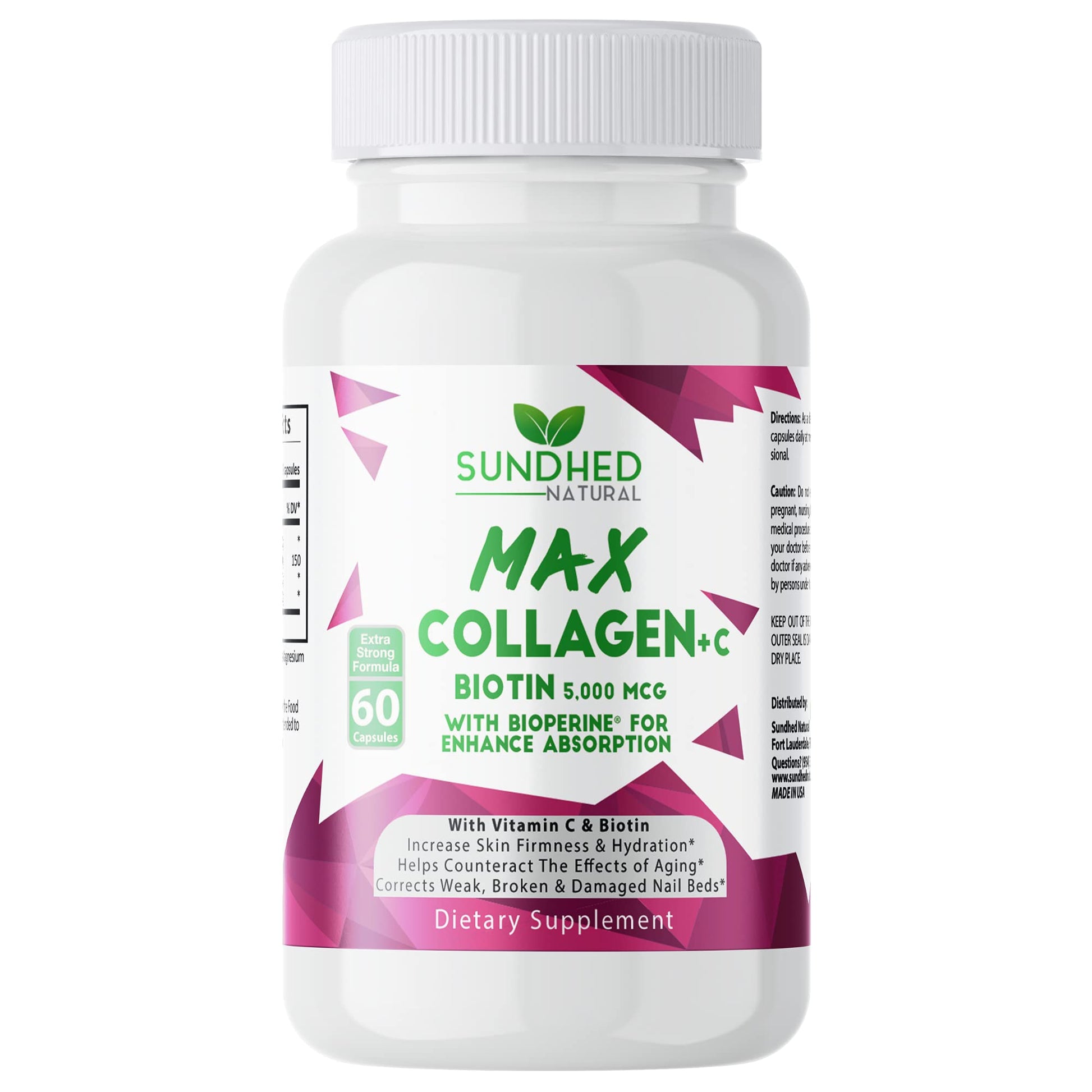 Sundhed Natural Max Collagen Plus C (60 caps) - All Natural Collagen Capsules with Biotin & Bioperine to Boost Anti Aging Hydration & Skin Firmness - Collagen Pills to Strengthen Bones & Nails - Maple Wellness Supplements