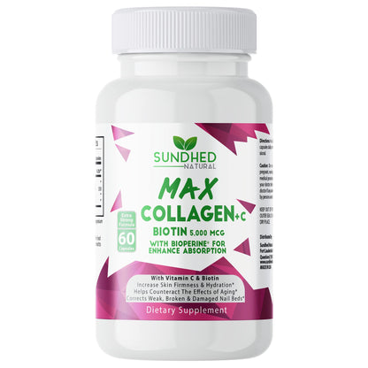 Sundhed Natural Max Collagen Plus C (60 caps) - All Natural Collagen Capsules with Biotin & Bioperine to Boost Anti Aging Hydration & Skin Firmness - Collagen Pills to Strengthen Bones & Nails - Maple Wellness Supplements