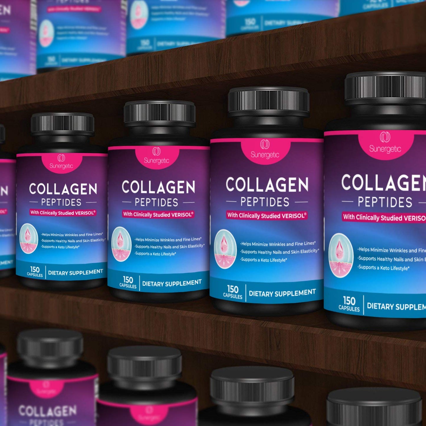 Sunergetic Premium Collagen Peptides Capsules – 2500 mg of VERISOL Collagen Peptides Type 1 & Type 3 – Multi Collagen Supplement to Support Joint Health, Hair, Skin & Nails – 150 Collagen Capsules - Maple Wellness Supplements
