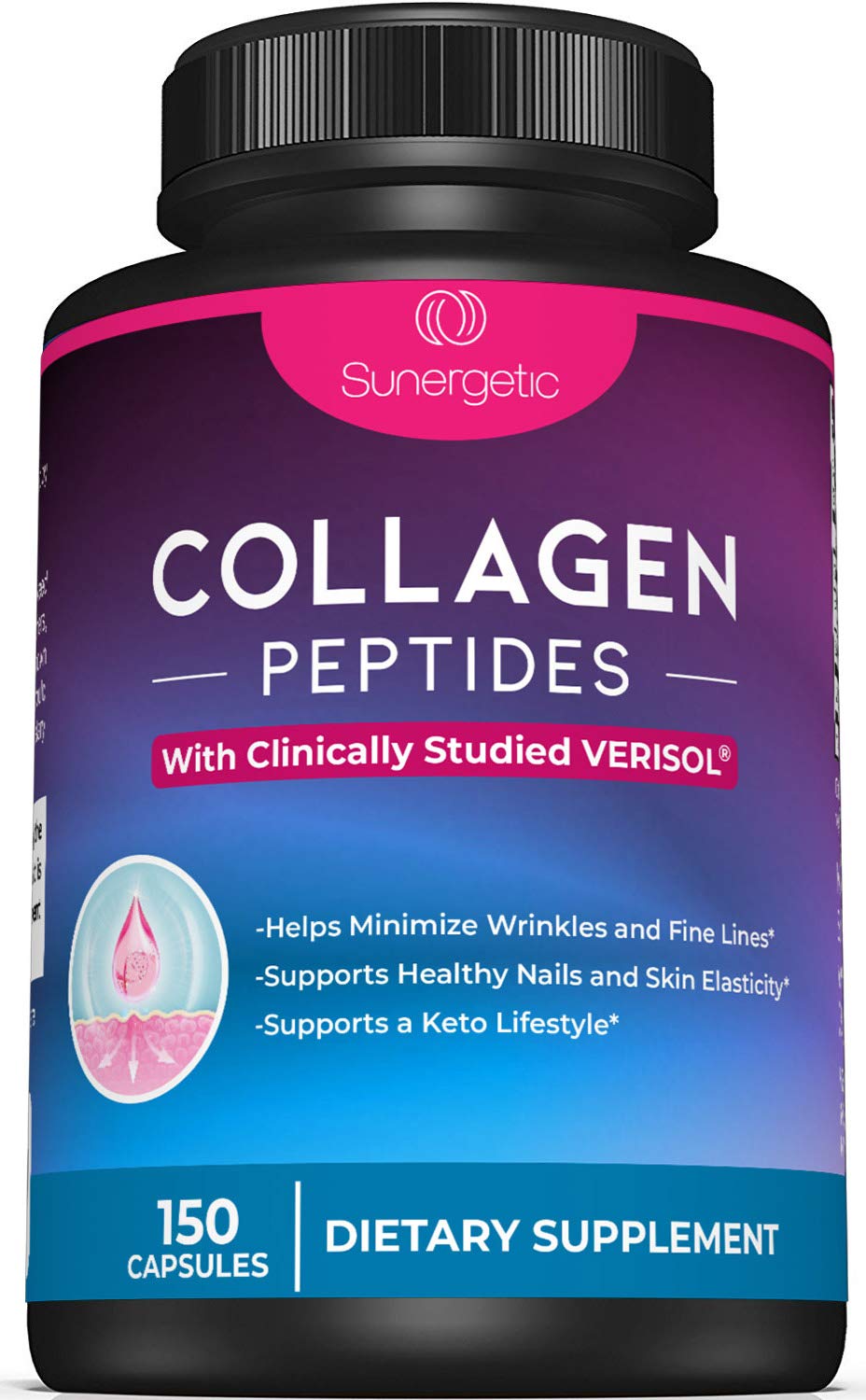 Sunergetic Premium Collagen Peptides Capsules – 2500 mg of VERISOL Collagen Peptides Type 1 & Type 3 – Multi Collagen Supplement to Support Joint Health, Hair, Skin & Nails – 150 Collagen Capsules - Maple Wellness Supplements