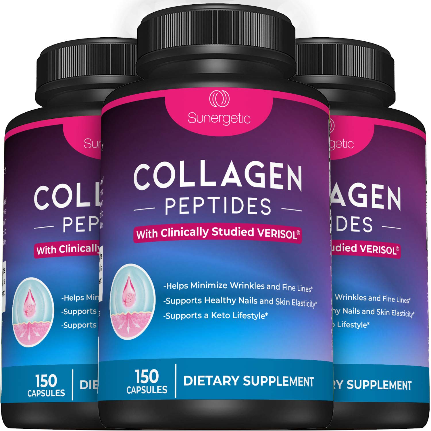 Sunergetic Premium Collagen Peptides Capsules – 2500 mg of VERISOL Collagen Peptides Type 1 & Type 3 – Multi Collagen Supplement to Support Joint Health, Hair, Skin & Nails – 150 Collagen Capsules - Maple Wellness Supplements