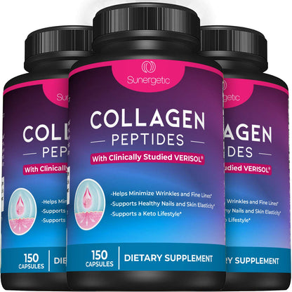 Sunergetic Premium Collagen Peptides Capsules – 2500 mg of VERISOL Collagen Peptides Type 1 & Type 3 – Multi Collagen Supplement to Support Joint Health, Hair, Skin & Nails – 150 Collagen Capsules - Maple Wellness Supplements
