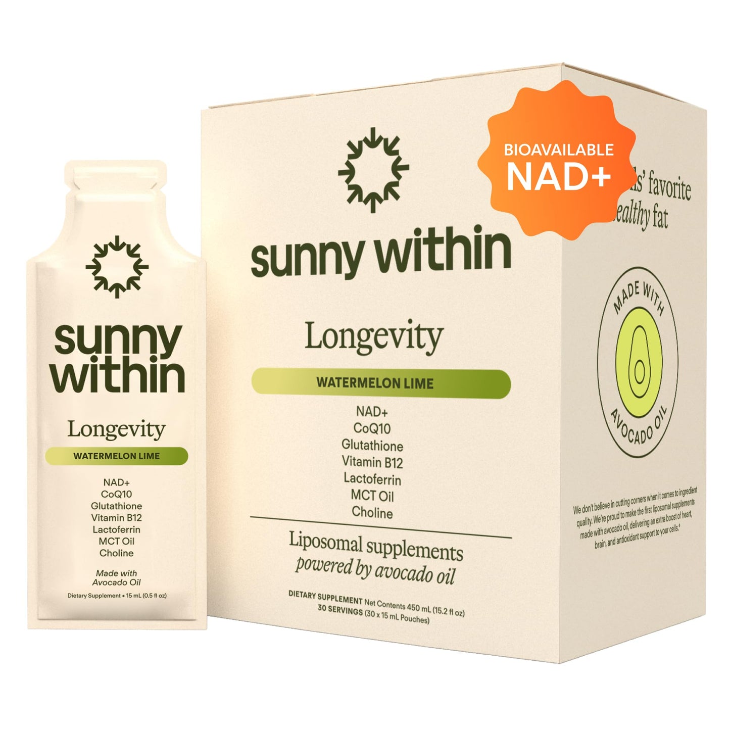 Sunny Within Longevity – Liposomal NAD+ Glutathione Supplement w/Liquid NAD+, CoQ10, B12, MCT & Avocado Oil – Cellular Health, Energy, Brain, Gut & Heart Support* – Watermelon Lime – 30 Pouches - Maple Wellness Supplements