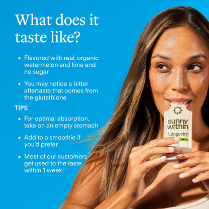 Sunny Within Longevity – Liposomal NAD+ Glutathione Supplement w/Liquid NAD+, CoQ10, B12, MCT & Avocado Oil – Cellular Health, Energy, Brain, Gut & Heart Support* – Watermelon Lime – 30 Pouches - Maple Wellness Supplements
