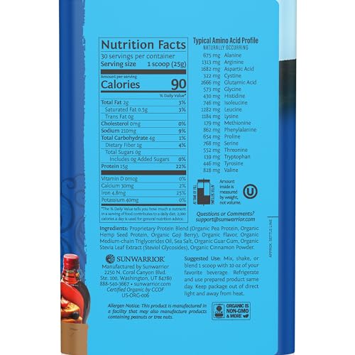 Sunwarrior Vegan Organic Protein Powder Plant-Based | BCAA Amino Acids Hemp Seed - Maple Wellness Supplements