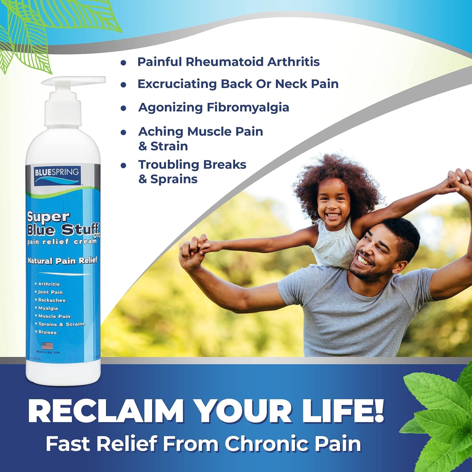 Super Blue Stuff OTC 12-oz. Pump Bottle - Natural, Made in USA, Paraben-free, Works in As Little As 5 Minutes for Joint/Muscle Pain, Backaches, Sprains/Strains, Bruises & Arthritis by Blue Spring - Maple Wellness Supplements