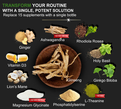 Super Calm Cortisol Supplements for Women & Men with Magnesium Glycinate, Ashwagandha, L-Theanine, Phosphatidylserine, Ginkgo & Lions Mane for Calm, Focus, Mental Clarity, Relaxation, Sleep, Energy - Maple Wellness Supplements