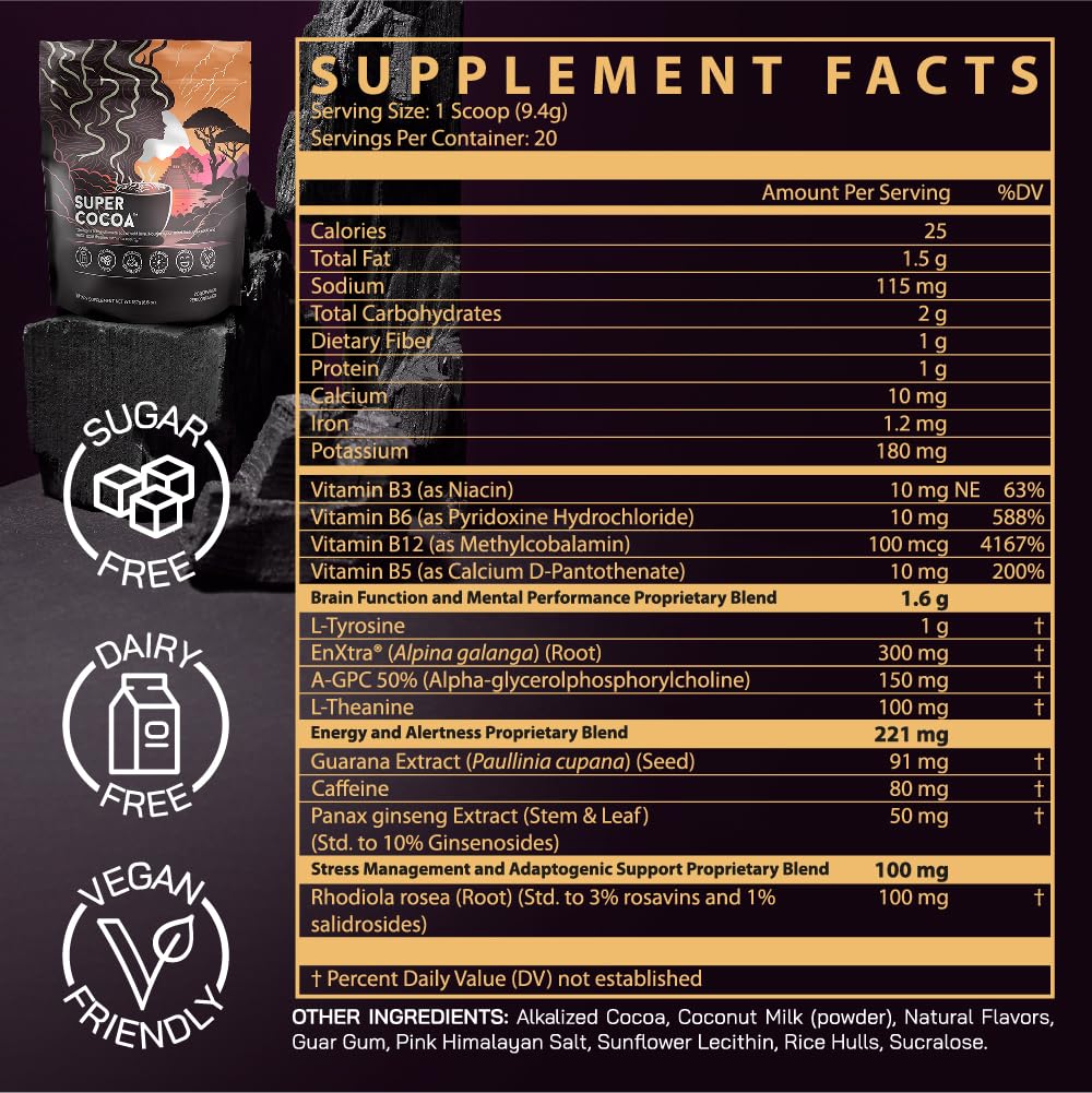 Super Cocoa Coffee Alternative Hot Chocolate Mix - Nootropics Brain Support Supplement for Memory & Focus - Mushroom Coffee Substitute - Dairy Free, Sugar Free, - Maple Wellness Supplements