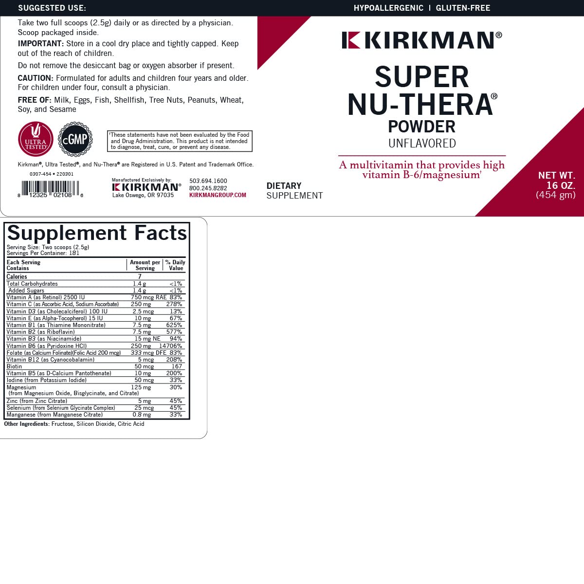 Super Nu-Thera Powder - Hypoallergenic - Unflavored - 16 Ounces - Maple Wellness Supplements