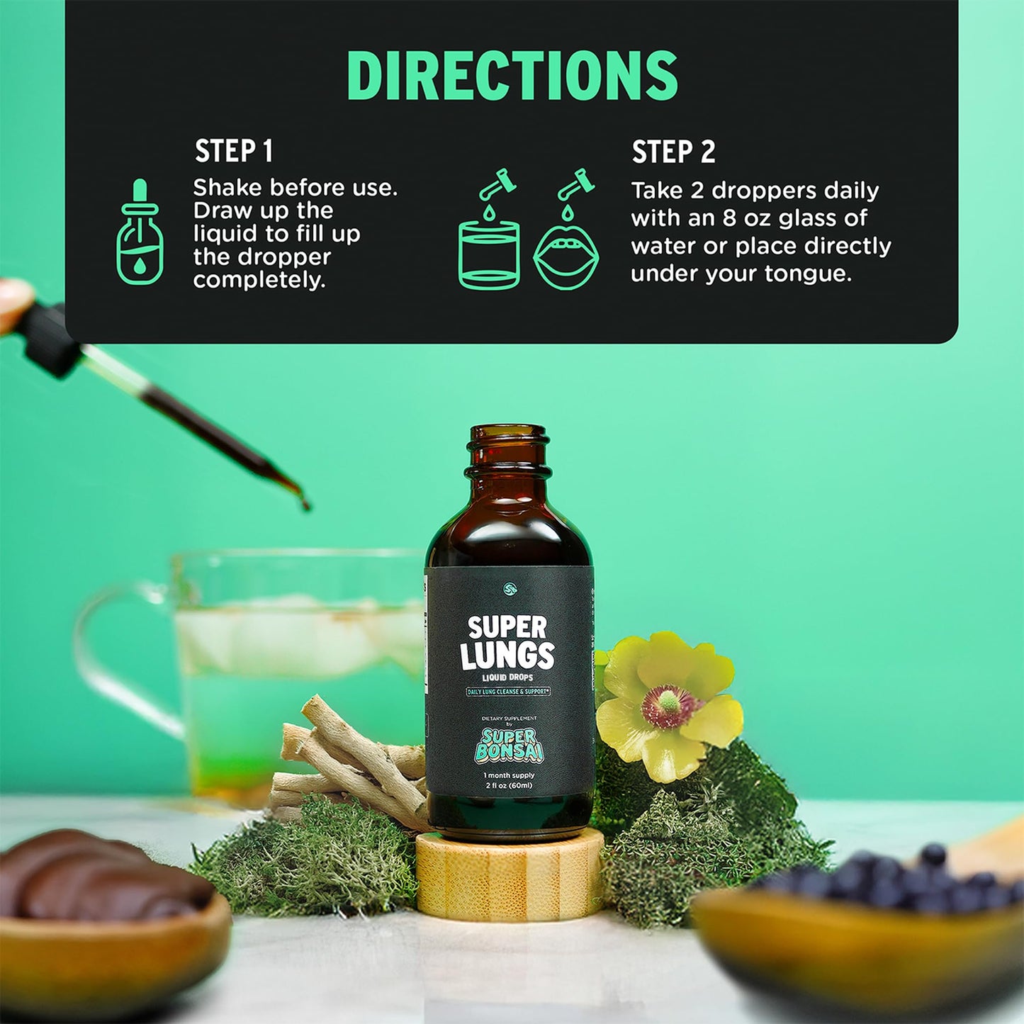 SuperBonsai Super Lungs Mullein Drops – Herbal Lung Support Tincture with Mullein Leaf Extract Elderberry Reishi Marshmallow Root - Maple Wellness Supplements