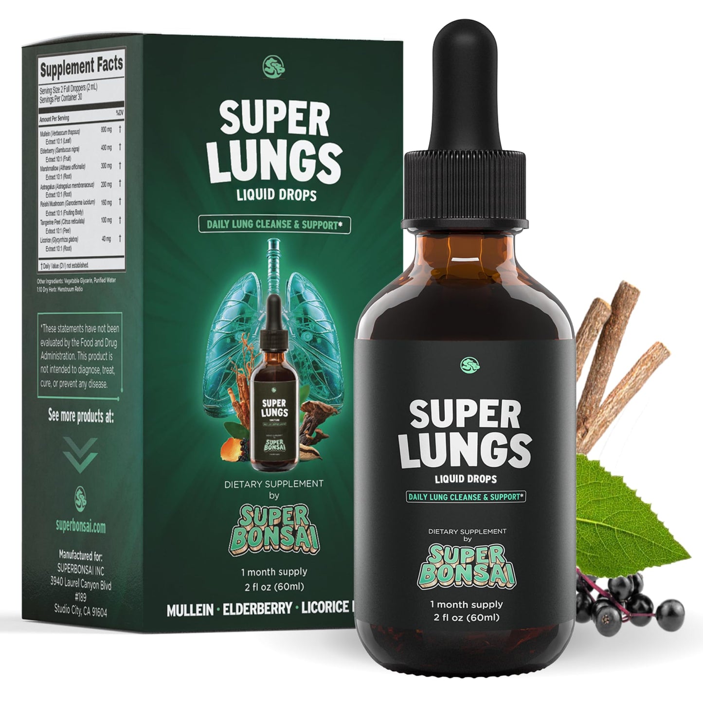SuperBonsai Super Lungs Mullein Drops – Herbal Lung Support Tincture with Mullein Leaf Extract Elderberry Reishi Marshmallow Root - Maple Wellness Supplements
