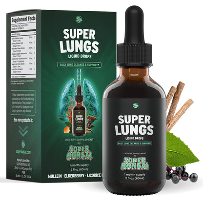 SuperBonsai Super Lungs Mullein Drops – Herbal Lung Support Tincture with Mullein Leaf Extract Elderberry Reishi Marshmallow Root - Maple Wellness Supplements