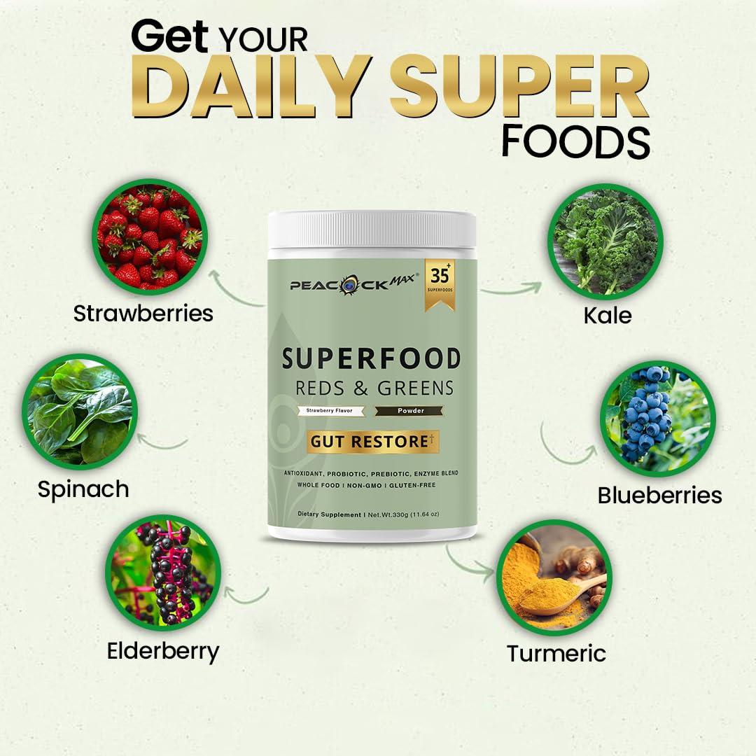 Superfood Reds & Greens Powder - 11.64 oz, Prebiotics & Probiotics for Digestive Health, Super Greens Powder with Ashwagandha for Gut Health, Immunity, Antioxidants, - Maple Wellness Supplements