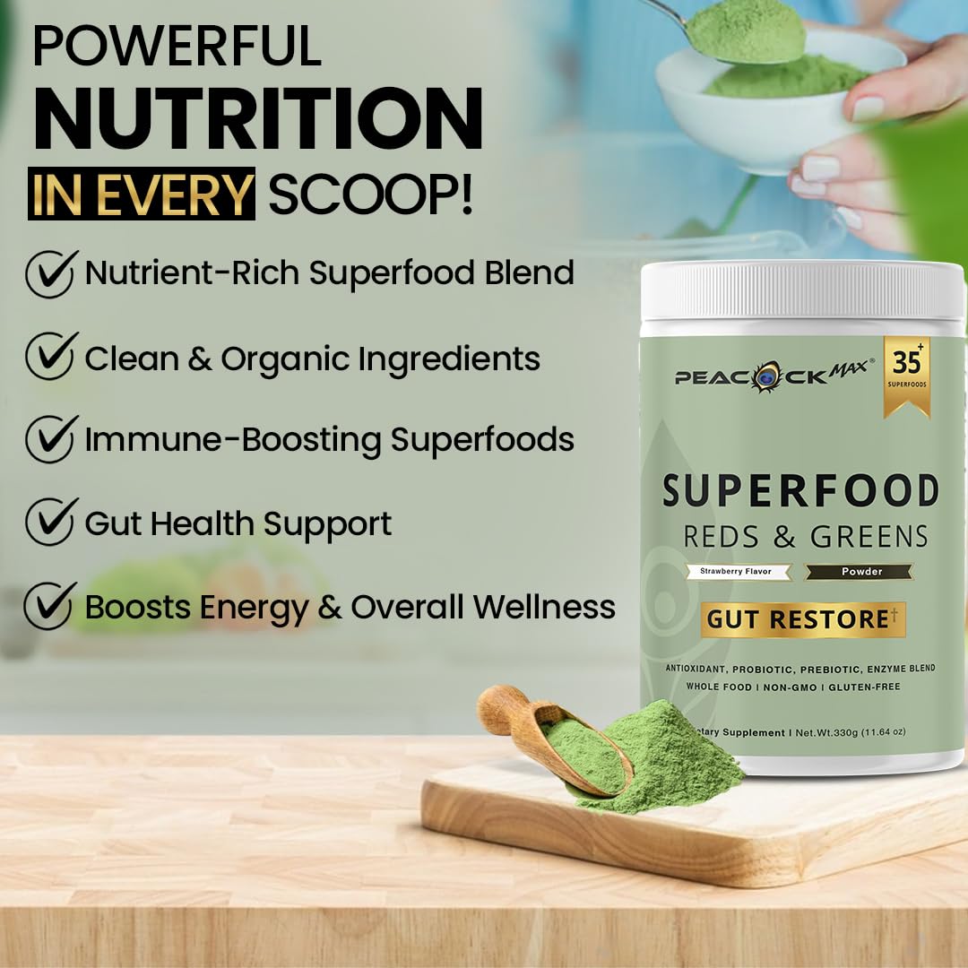 Superfood Reds & Greens Powder - 11.64 oz, Prebiotics & Probiotics for Digestive Health, Super Greens Powder with Ashwagandha for Gut Health, Immunity, Antioxidants, - Maple Wellness Supplements