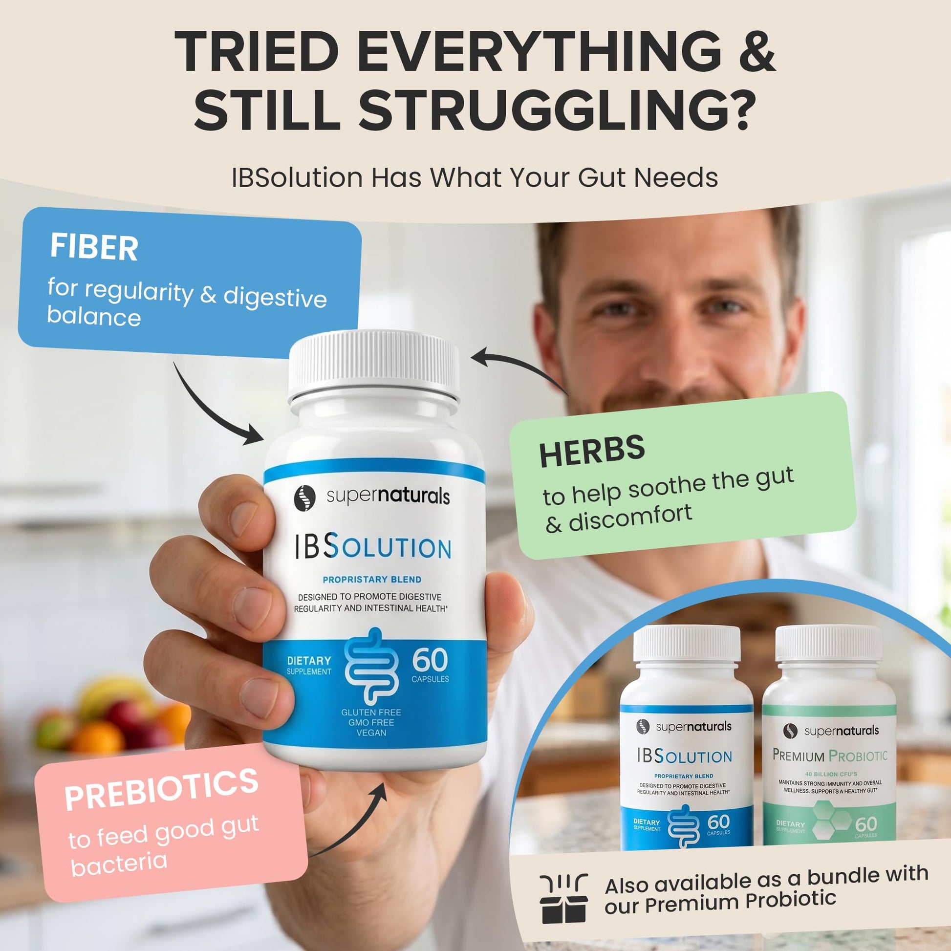 SuperNaturals IBSolution - Made in USA, Non-GMO, Gluten Free & Vegan (60 Capsules) - Digestive Gut Health Supplement With Psyllium Husk - Gas, Bloating, Diarrhea - Maple Wellness Supplements