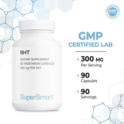 Supersmart - BHT Supplement 300mg per Day - Butylated Hydroxytoluene | Non-GMO & Gluten Free - 90 Vegetarian Capsules - Maple Wellness Supplements