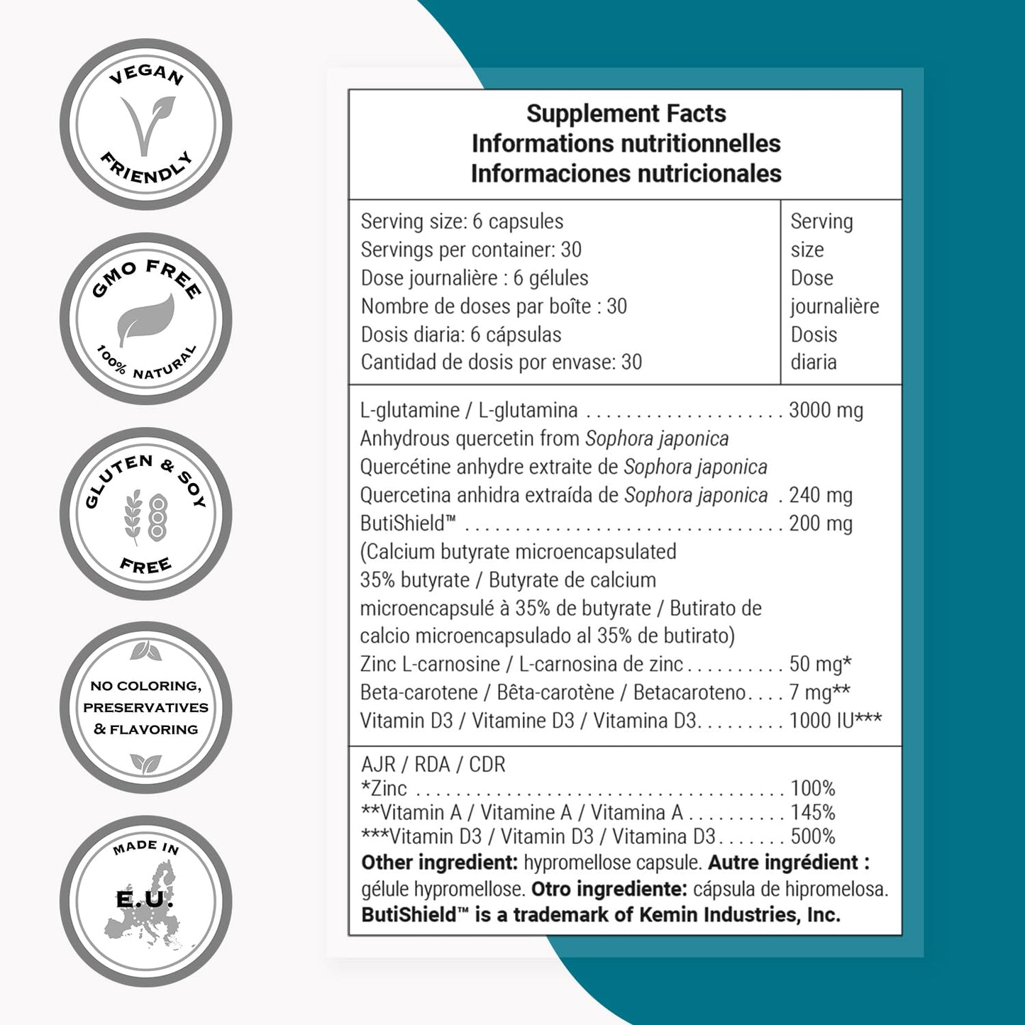 Supersmart PermeaGut Formula (High Potency) - with L-Glutamine, ButiShield Calcium Butyrate, Zinc-L-Carnosine - Gut Barrier Support | Vegan & Gluten Free - 180 Gastro-Resistant Capsules - Maple Wellness Supplements