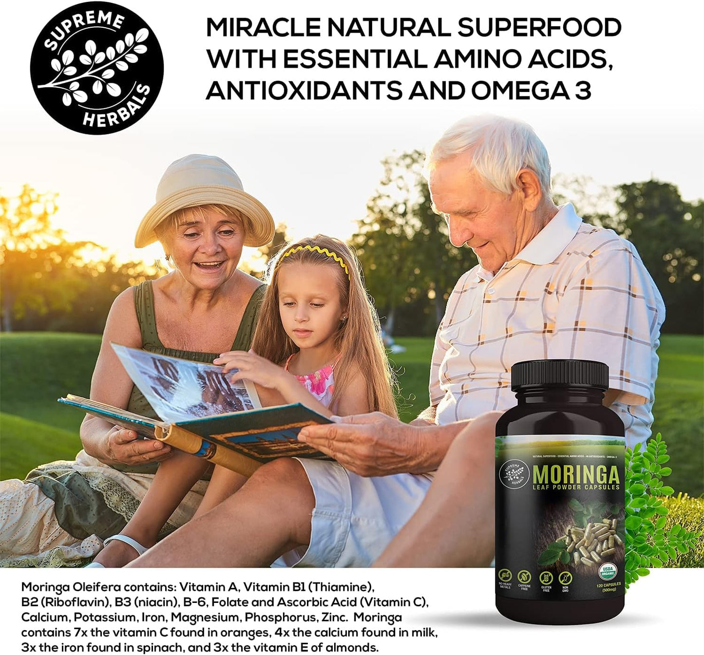SUPREME HERBALS, 100% Raw and Pure Moringa Leaf Powder Capsules. Organic Certified Moringa Leaf. Natural Superfood with Essential Amino Acids - Maple Wellness Supplements
