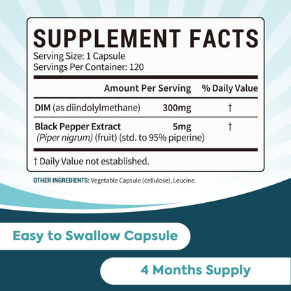 Surebounty DIM Supplement 300mg for Women & Men, Estrogen Balance & Metabolism, Hormone Balance, Menopause Support, Energy Maintainence, High Absorption with Black Pepper Extract, 120 Caps - Maple Wellness Supplements