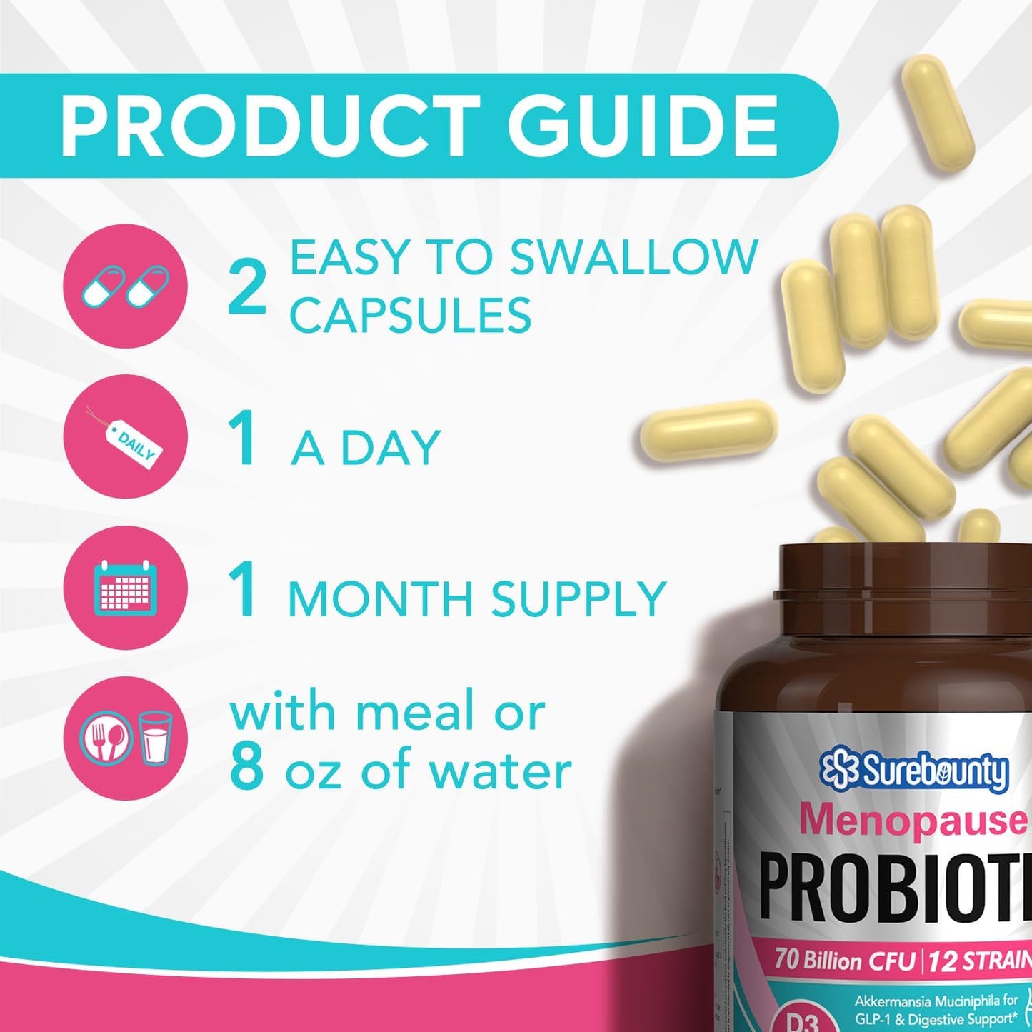 Surebounty Menopause Probiotic Supplement for Women, 70 Billion CFU, with Akkermansia Muciniphila, Vitamins B6 & D3, Botanicals, for Hormone Balance, Hot Flashes, Night Sweats, Gut Health, 60 Capsules - Maple Wellness Supplements