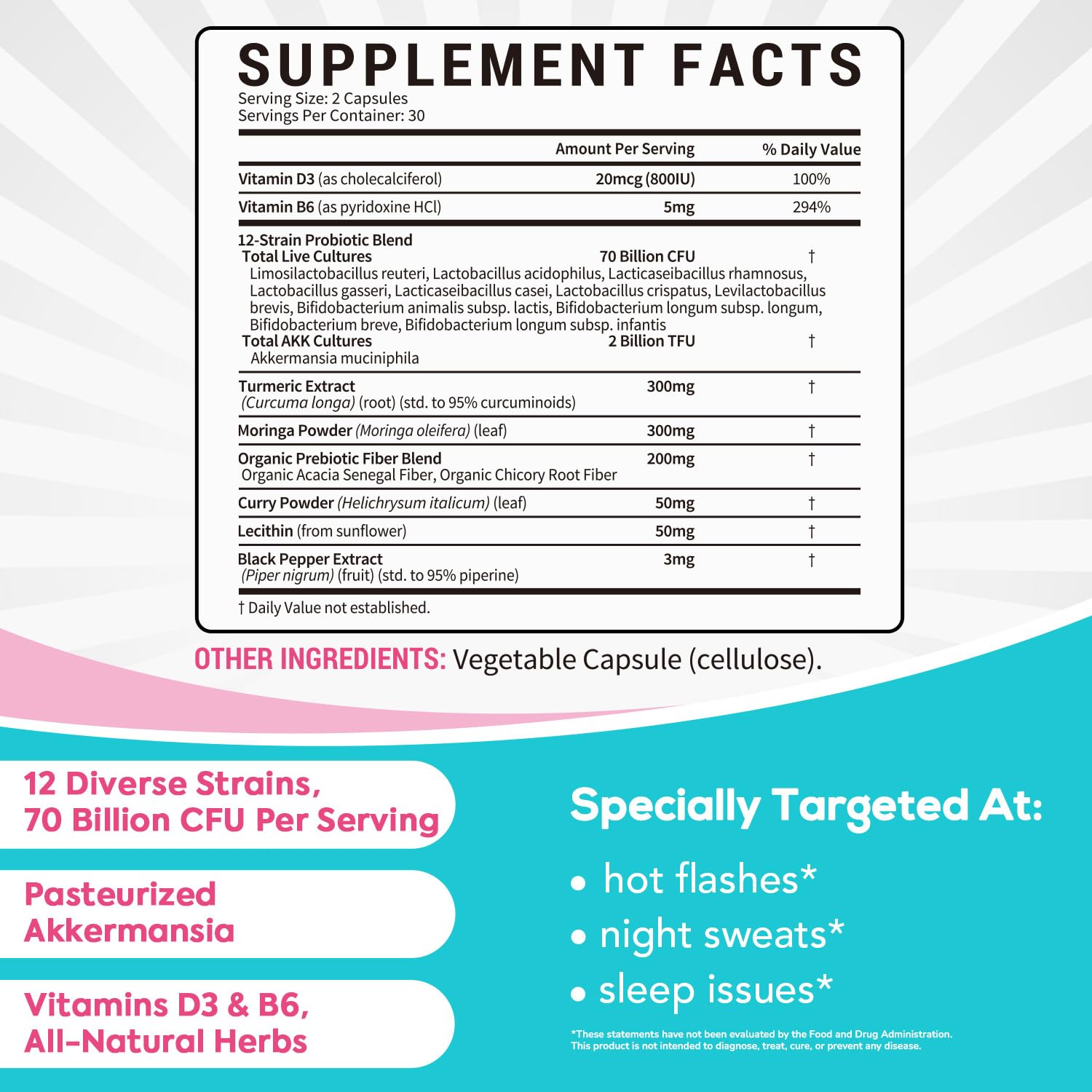 Surebounty Menopause Probiotic Supplement for Women, 70 Billion CFU, with Akkermansia Muciniphila, Vitamins B6 & D3, Botanicals, for Hormone Balance, Hot Flashes, Night Sweats, Gut Health, 60 Capsules - Maple Wellness Supplements
