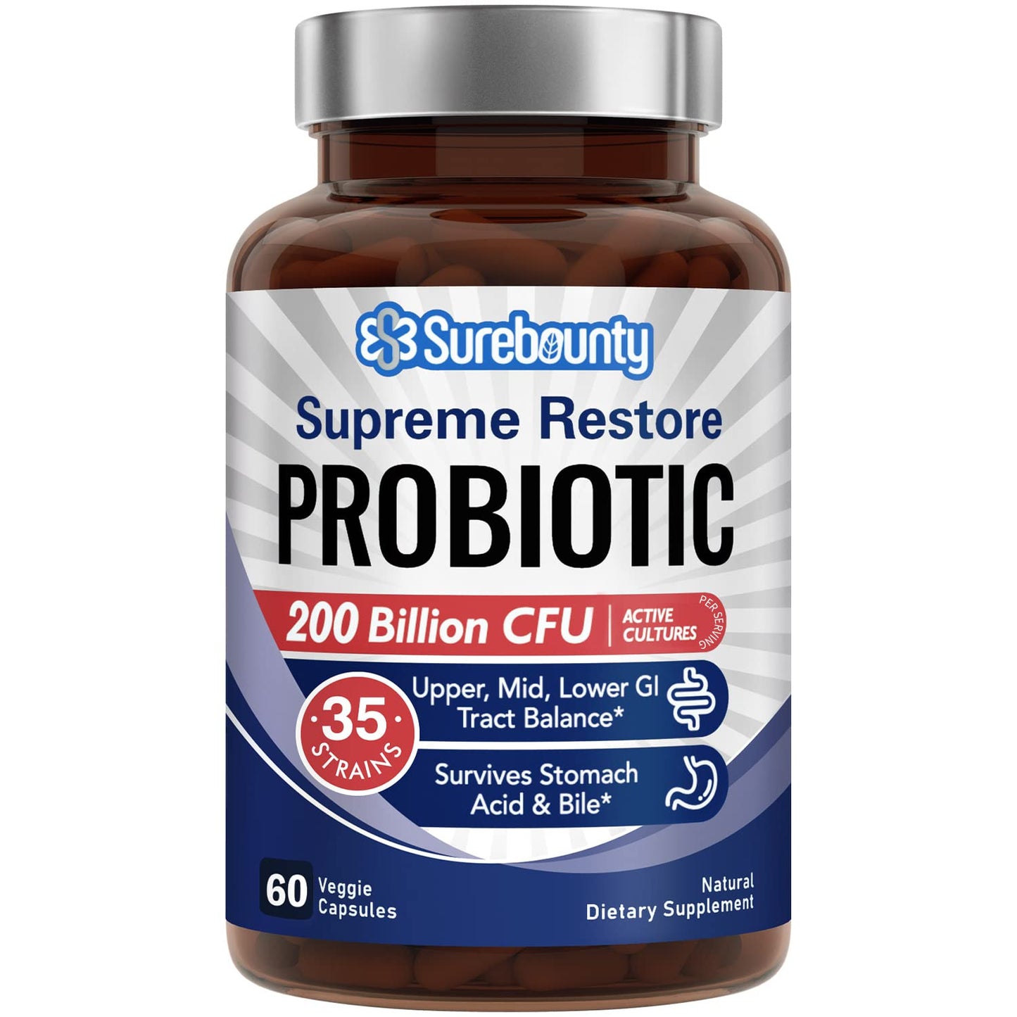Surebounty Probiotic for Men & Women, 200 Billion CFU 35 Strains, Prebiotics + Digestive Enzymes, Supreme Restore Probiotic Supplement, - Maple Wellness Supplements