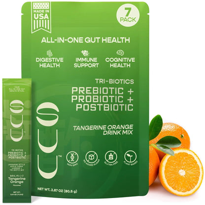 SUU Tribiotics - Prebiotic & Probiotic Drink Mix Packets for Gut Health & Digestive Health | Daily Probiotic, Cutting Mix & Immunity Supplement with Energy Support | Tangerine Orange (7-Pack) - Maple Wellness Supplements