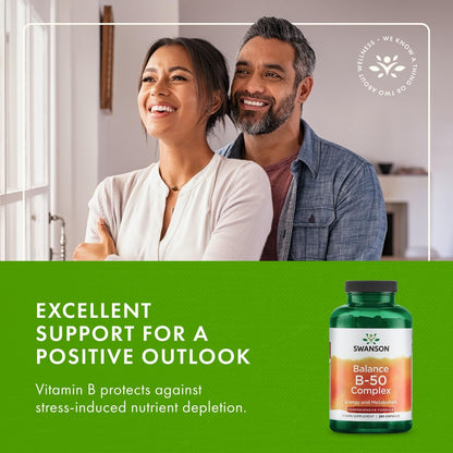 Swanson Balance B-50 High-Potency B Vitamin Complex for Busy Adults Seeking Immune, Heart, and Nervous System Support (250 Capsules) - Maple Wellness Supplements
