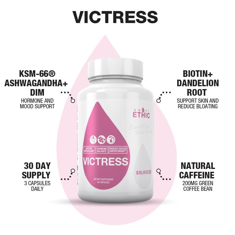 Sweat Ethic Victress, Hormone Balance Support for Women with KSM-66 Ashwagandha, DIM, Biotin, Folic Acid, Dandelion Root, Cayenne Pepper & Vitamin D3, Daily Wellness Formula, 90 Easy to Take Capsules - Maple Wellness Supplements