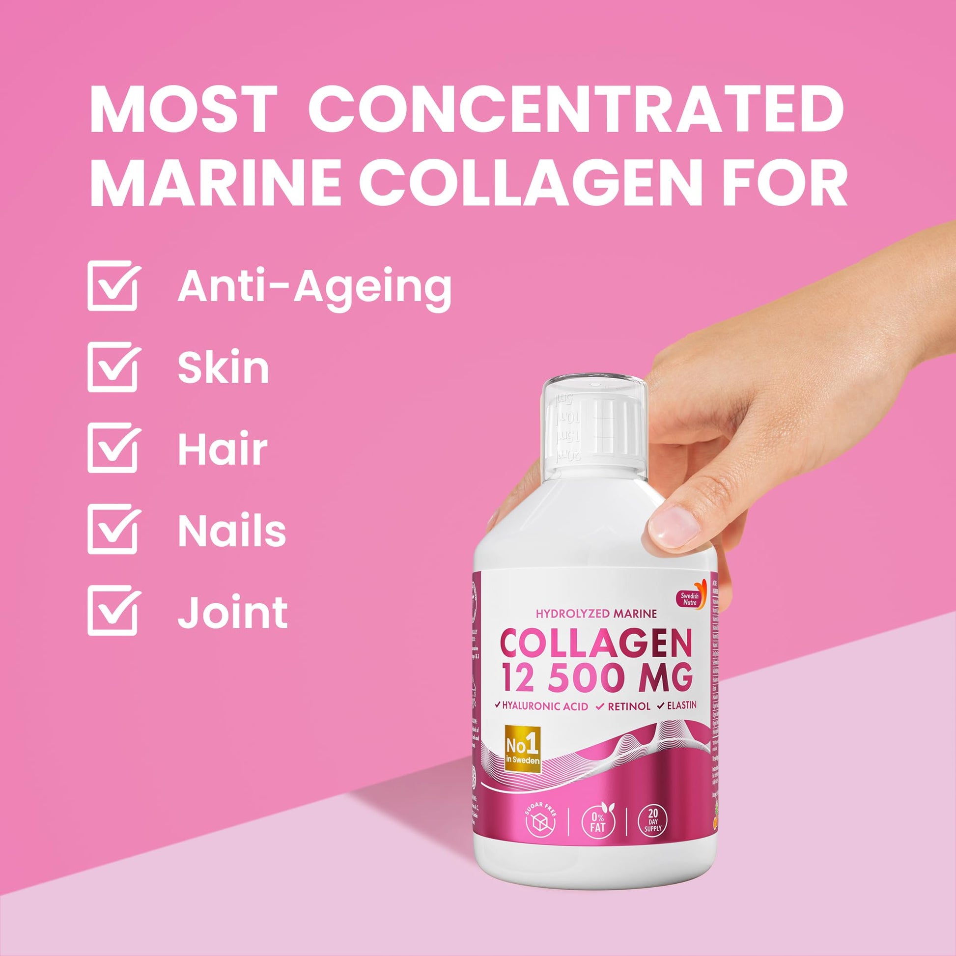 Swedish Nutra 12,500mg Liquid Marine Collagen Hydrolyzed Peptide (Type 1 & 3) | 20 Day Supply, 500 ml | Hyaluronic Acid, Biotin & Vitamins for Hair, Skin, Nails & Joints | For Men & Women | Sugar Free - Maple Wellness Supplements