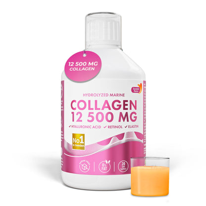 Swedish Nutra 12,500mg Liquid Marine Collagen Hydrolyzed Peptide (Type 1 & 3) | 20 Day Supply, 500 ml | Hyaluronic Acid, Biotin & Vitamins for Hair, Skin, Nails & Joints | For Men & Women | Sugar Free - Maple Wellness Supplements