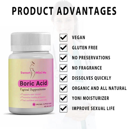 Sweet Mini Me 600mg Boric Acid Suppositories – Natural Vaginal Health Support for Women – pH Balance, Odor & Itch Relief – 30 Count Capsules - Maple Wellness Supplements