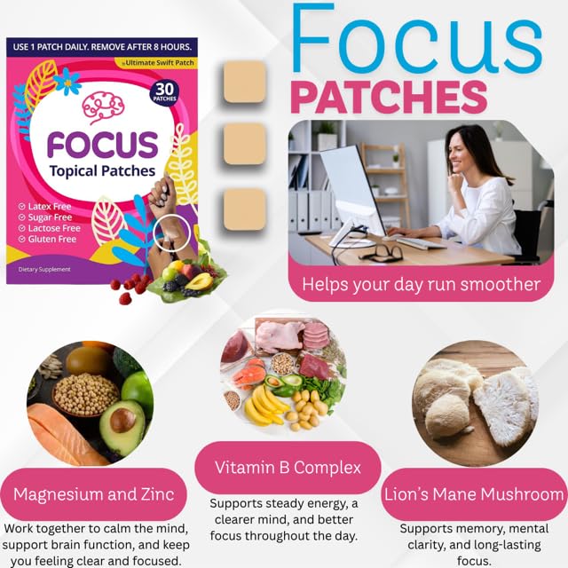 Swift Patch Focus Patch for Adults (30 Day Supply) + Proprietary Blend (Men and Women) - Help Kids and Adults Focus with Patches 22 Ingredients with Proprietary Formula - Maple Wellness Supplements