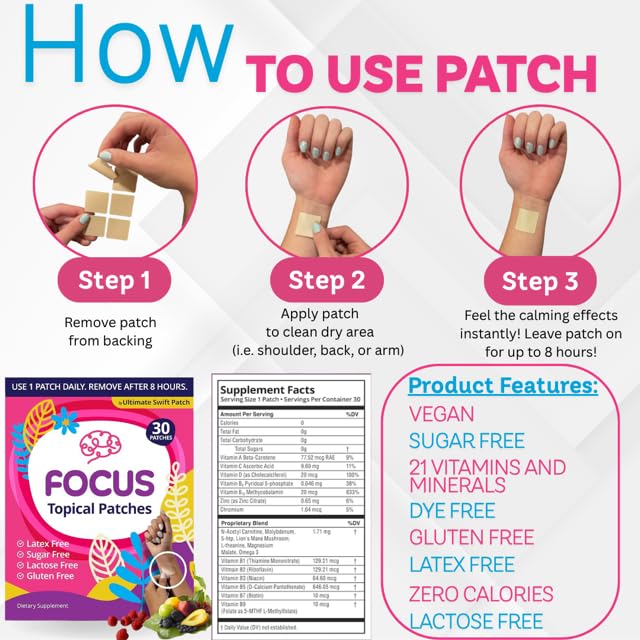 Swift Patch Focus Patch for Adults (30 Day Supply) + Proprietary Blend (Men and Women) - Help Kids and Adults Focus with Patches 22 Ingredients with Proprietary Formula - Maple Wellness Supplements