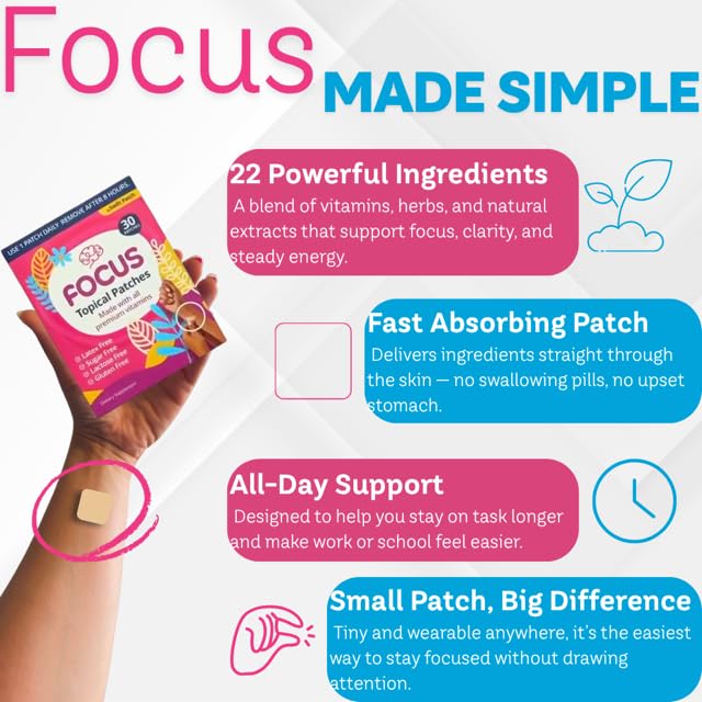 Swift Patch Focus Patch for Adults (30 Day Supply) + Proprietary Blend (Men and Women) - Help Kids and Adults Focus with Patches 22 Ingredients with Proprietary Formula - Maple Wellness Supplements