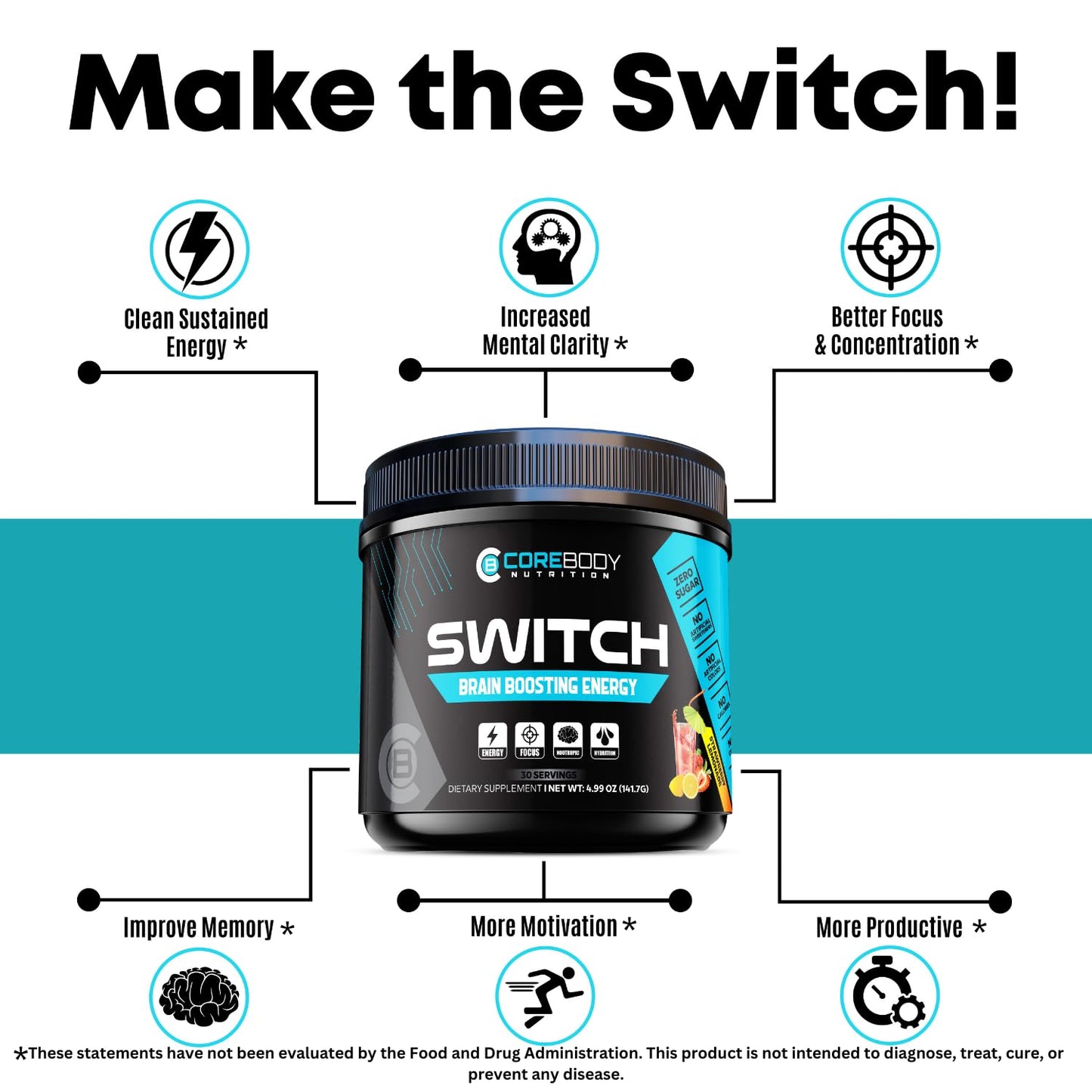 Switch, Brain Boosting Nootropic Energy Supplement Powder - Made in USA - Alpha GPC, NALT, Ashwagandha, Sugar Free Energy, Keto, Increase Mental Focus & Cognitive Function, Enhances Mood & Memory - Maple Wellness Supplements