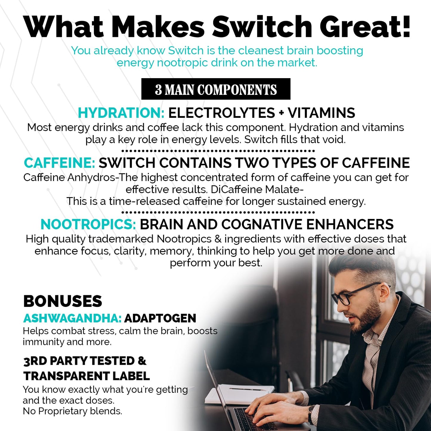 Switch, Brain Boosting Nootropic Energy Supplement Powder - Made in USA - Alpha GPC, NALT, Ashwagandha, Sugar Free Energy, Keto, Increase Mental Focus & Cognitive Function, Enhances Mood & Memory - Maple Wellness Supplements