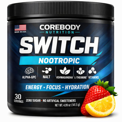 Switch, Brain Boosting Nootropic Energy Supplement Powder - Made in USA - Alpha GPC, NALT, Ashwagandha, Sugar Free Energy, Keto, Increase Mental Focus & Cognitive Function, Enhances Mood & Memory - Maple Wellness Supplements