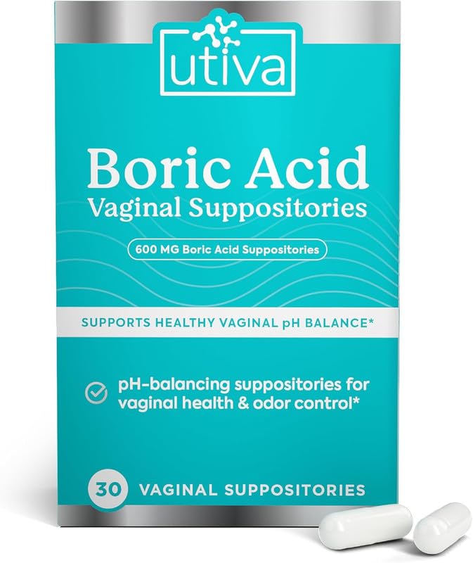 Szio+ Utiva Boric Acid Suppositories for Women - pH Balance - Feminine Care - 600mg Boric Acid to Lower pH and Support Vaginal Health, BV Treatment for Women, 30 Vaginal Suppositories - Maple Wellness Supplements